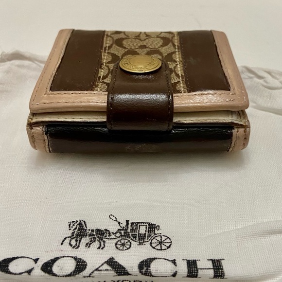 Coach Brown Mono Canvas-Beige- BrownLeather Trifold Compact Wallet with Dust Bag - Picture 4 of 12